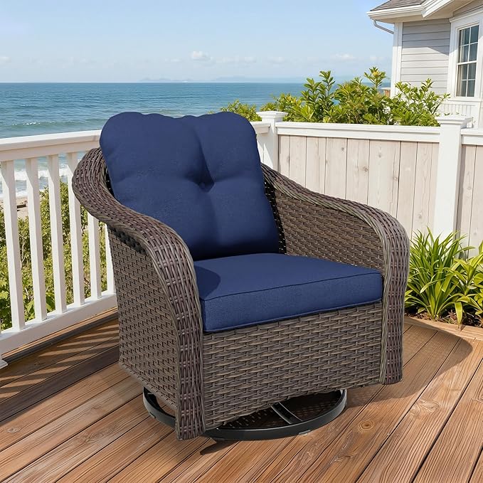 Wicker Swivel Rocking Chairs - Outdoor Brown Wicker Swivel Glider Chair Outdoor Rocking Chair with Water-Resistant Cushions, Blue