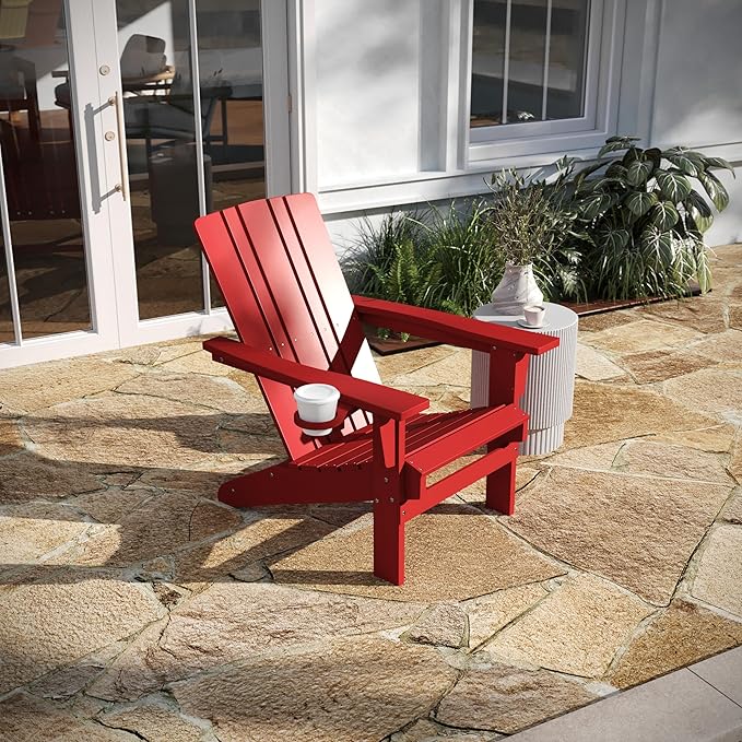 Taylor & Logan Hedley Adirondack Chair with Cup Holder, Weather Resistant HDPE Adirondack Chair in Red