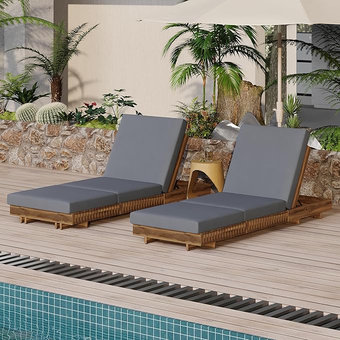 Merax 2-Piece Acacia Wood Chaise Lounge Set w/ 6-Position Adjustable Backrest & Cushion - Outdoor Patio Poolside Furniture, Grey