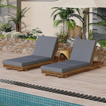 Merax 2-Piece Acacia Wood Chaise Lounge Set w/ 6-Position Adjustable Backrest & Cushion - Outdoor Patio Poolside Furniture, Grey