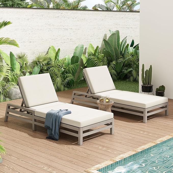 5-Position Adjustable Outdoor Chaise Lounge Set of 2, Solid Wood Patio Recliner Chair with Thick Cushions for Pool - Photo 3