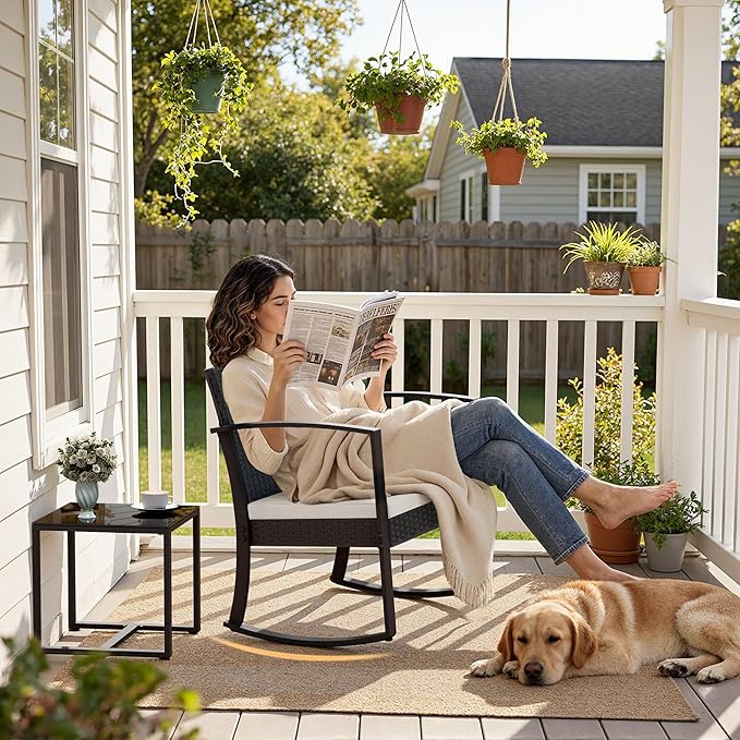 Greesum 3 Pieces Outdoor Furniture Set Patio Bistro Rocking Chairs with Glass Coffee Table for Pool Beach Backyard Balcony Porch Deck Garden, White