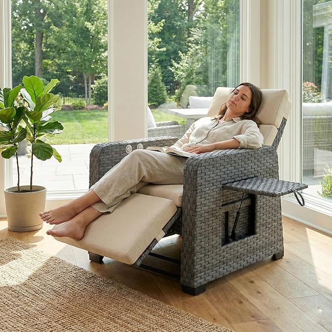 Restland Outdoor Recliner with Independent Adjustable Back & Footrest Wicker Patio Reclining Chair with Flip Table - Photo 3