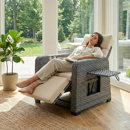 Restland Outdoor Recliner with Independent Adjustable Back & Footrest Wicker Patio Reclining Chair with Flip Table Comfortable Lounge Chair & Thick Cushion for Deck, Porch (Beige)