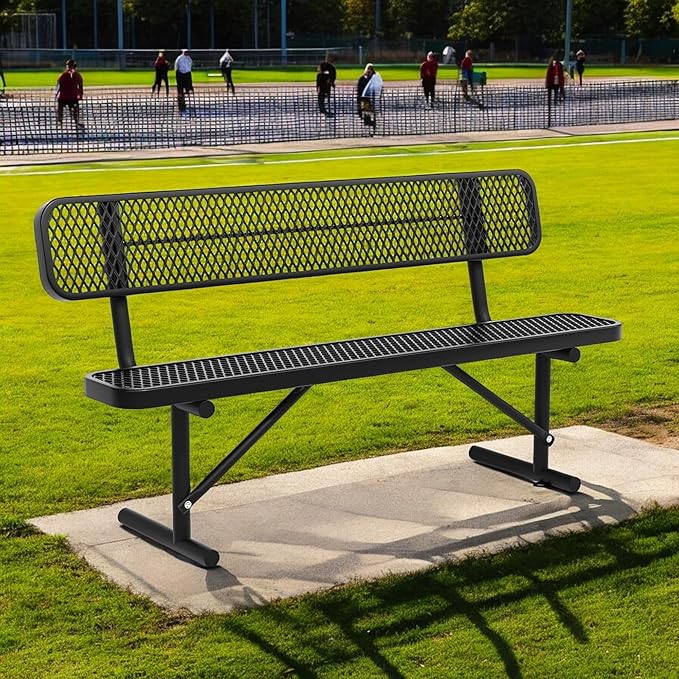 6FT Outdoor Metal Bench with Backrest, Commercial Park Bench Garden Patio Sitting Bench for 2-4 People, Heavy-Duty Steel Benches,Weather Resistant , for Garden, School, Waiting Area, Backyard,Porch