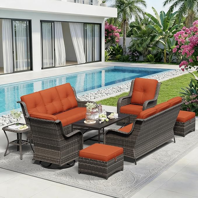 8 Piece Outdoor Wicker Patio Furniture Set, Outdoor Swivel Rocker Patio Chairs Set with Thickened Olefin Cushions - Photo 9
