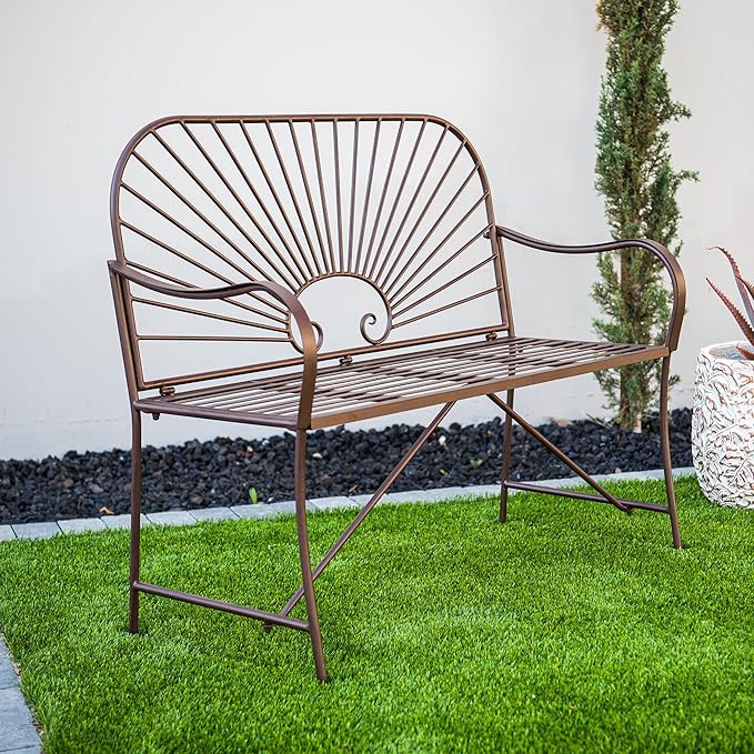 XBrand 44" L Iron Sun-Patterned Seat for Two, Patio & Porch Furniture for Park, Yard, Lawn, Balcony, Backyard – Brown - Photo 4