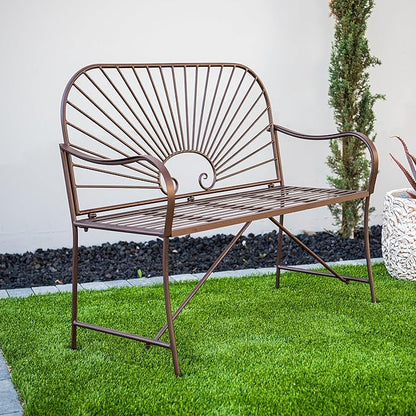 XBrand 44" L Iron Sun-Patterned Seat for Two, Patio & Porch Furniture for Park, Yard, Lawn, Balcony, Backyard – Brown