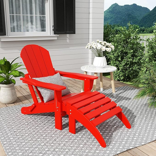 WestinTrends Malibu Outdoor Lounge Chair, 2-Pieces Adirondack Chair Set with Ottoman, All Weather Poly Lumber Patio Lawn Folding Chairs for Outside Pool Garden Backyard Beach, Red