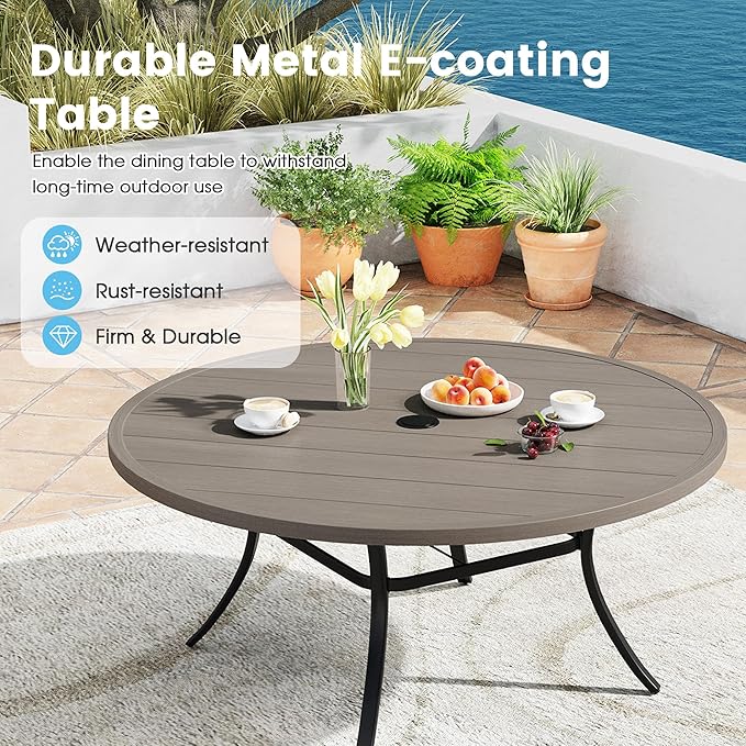 Patio Dining Table for 8-10, Round Metal Outdoor Table with 1.57" Umbrella Hole, 60" Outdoor Slat Tabletop Dining Table for Backyard, Porch, Lawn, Grey