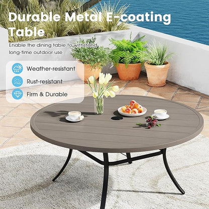 Patio Dining Table for 8-10, Round Metal Outdoor Table with 1.57" Umbrella Hole, 60" Outdoor Slat Tabletop Dining Table for Backyard, Porch, Lawn, Grey
