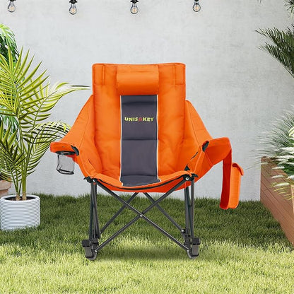 Oversized Rocking Camping Chair with Headrest & Cup Holder - 400lbs Capacity, 600D Oxford Fabric, Easy Fold Portable Outdoor Rocker Chair for Camping, Backyard, Beach, Orange