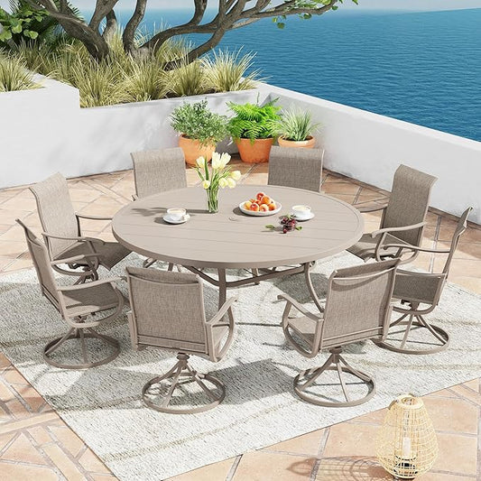 Patio Dining Table for 8-10, Round Metal Outdoor Table with 1.57" Umbrella Hole, 60" Outdoor Slat Tabletop Dining Table for Backyard, Porch, Lawn, Sand