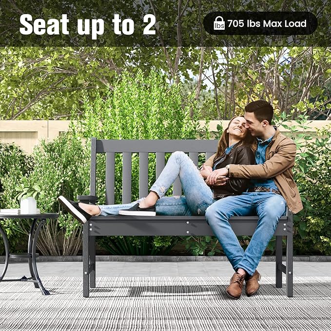 Tangkula HDPE Outdoor Garden Bench with Backrest, 2-Person All-Weather Patio Loveseat Chair with Slatted Seat, 705 lbs Weight Capacity, Patio Benches for Balcony, Garden, Porch, Backyard & Park, Grey