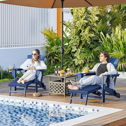 Yaheetech Adirondack Chair with Retractable Ottoman, All Weather Patio Folding Fire Pit Chair with Cup Holder and Phone Holder for Outdoor Poolside, Navy Blue, 4 pcs