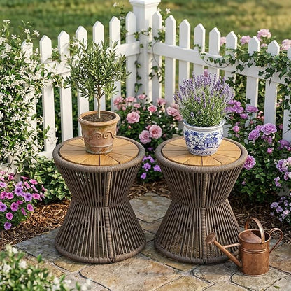 Merax 2 Pieces Round Outdoor Side Table Set, Bohemian Patio Side Tables with Acacia Wood Top and Dark Grey Handwoven Rope Base for Garden, Yard, Elegant Hourglass Design, No Assembly, 18.9" Height