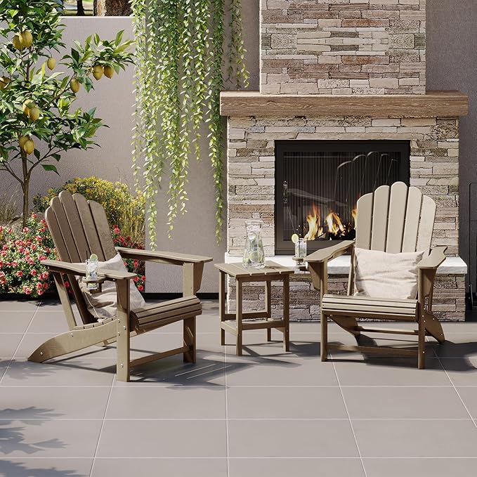 Costaelm Lakeview 3-Piece Outdoor Patio HDPE Adirondack Chair with Cup Holder and Table Set, Weathered Wood