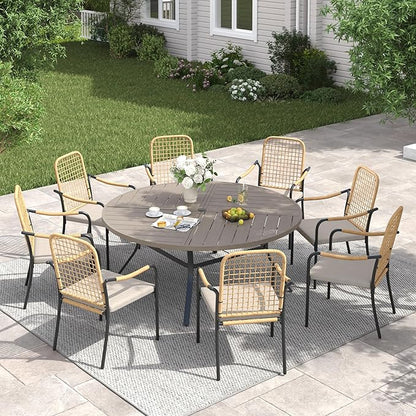 VICLLAX 53" Round Patio Table with Umbrella Hole, All Weather Metal Outdoor Dining Table for 6-8, Outside Table for Lawn Garden, Grey Wood-Grain Finish