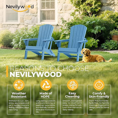 nevilywood Folding Adirondack Chair with Cup Holder Set of 4, HDPE Patio Chairs,All-Weather Outdoor Chairs for Backyard, Deck,Fire Pit-LightBlue