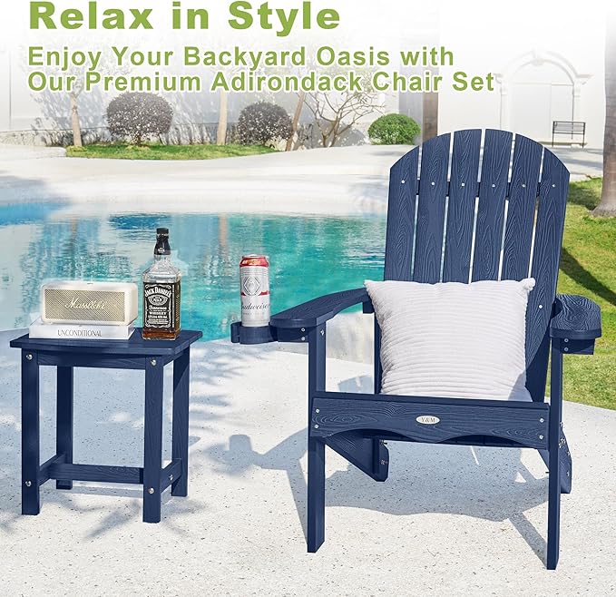 Y&M Adirondack Chair, Navy Blue Fire Pit Chairs, Outdoor Patio Chairs with Cup Holder, Weather Resistant HDPE Wooden Textured Patio Chairs, Perfect for Garden, Lawn, Deck, or Poolside
