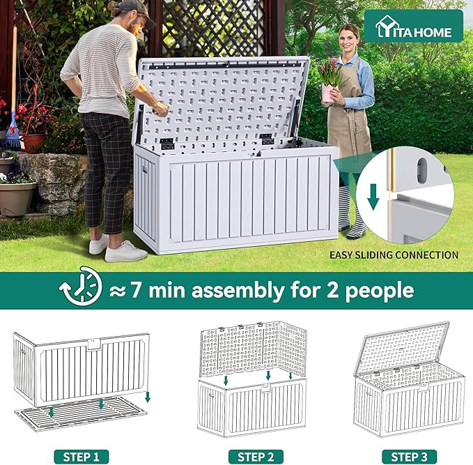 YITAHOME 90 Gallon Large Deck Box, Double-Wall Resin Outdoor Storage Boxes, Deck Storage for Patio Furniture, Cushions - Photo 5