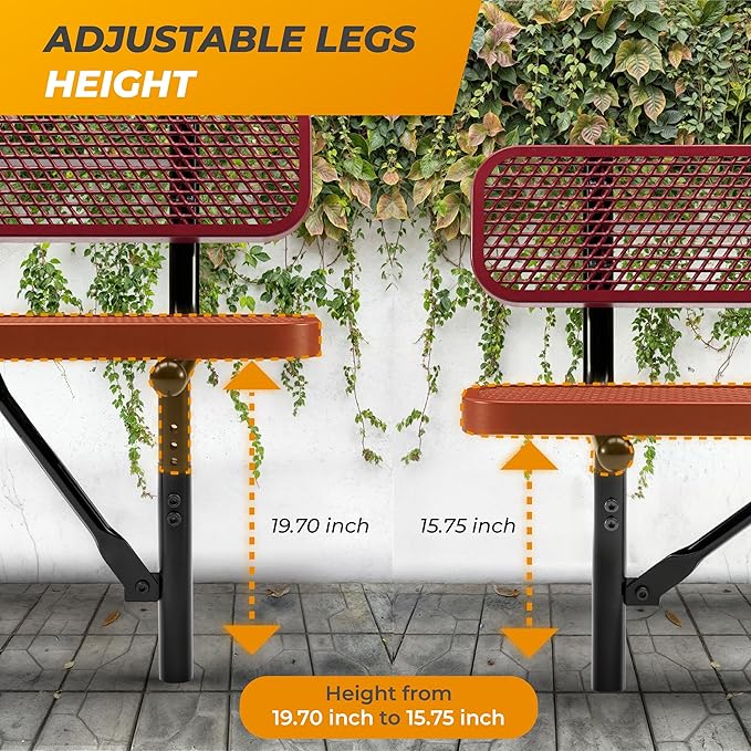 Heavy-Duty Outdoor Metal Bench, Thermoplastic-Coated, Inground, Weatherproof, Commercial-Grade for Parks, Gardens, Patios, Stores & More (8 Ft - Inground with Back, Red)