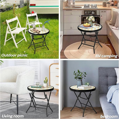 Foldable Side Table with Tempered Glass Top 18" Outdoor Folding Side Tables Small Glass Patio Table for Porch Yard Balcony Deck Lawn Dining Garden (Yellow)