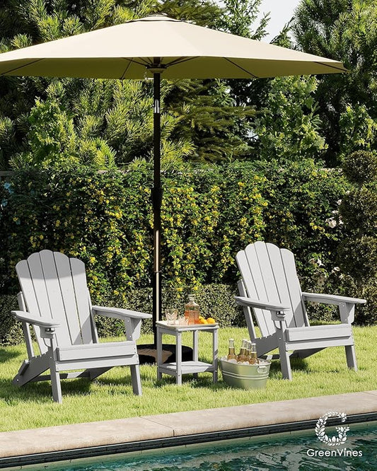 GREENVINES Oversized-Folding-Adirondack-Chairs-Set-of-2 | HDPE Plastic | Cup Holder | Fire Pit Chair | All Weather | for Outdoor Deck Backyard | White