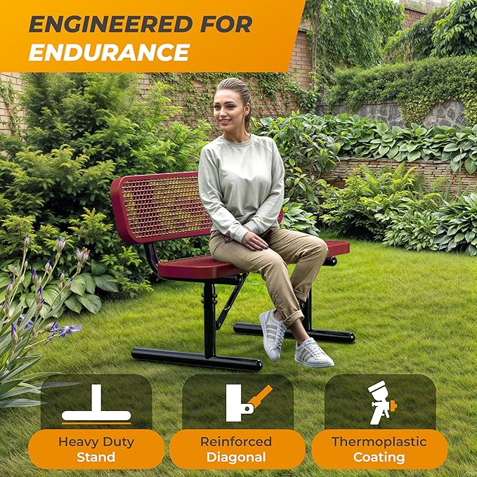 Heavy-Duty Outdoor Metal Bench, Thermoplastic-Coated, Portable, Weatherproof, Commercial-Grade for Parks, Gardens, Patios, Stores & More (4 Ft - Portable with Back, Red)