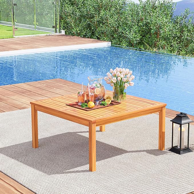 HAPPYGRILL Outdoor Coffee Table Acacia Wood Patio Table with Slatted Tabletop, Square Coffee Table for Outside Balcony, Garden & Poolside, Natural