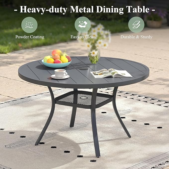 Outdoor Dining Table with Adjustable Umbrella Hole, 40.6" All-Weather Round Patio Dining Table for 4, Metal Patio Table with Storage Shelf for Garden Lawn Porch Deck Yard, Dark Grey