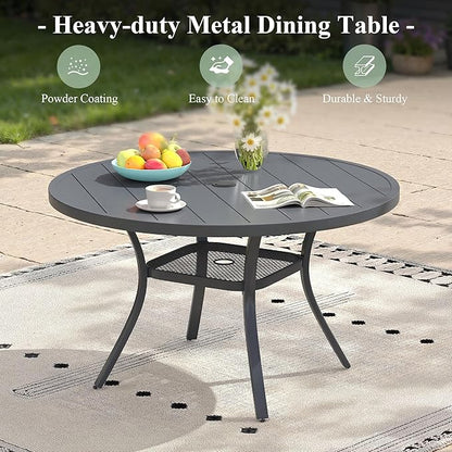 Outdoor Dining Table with Adjustable Umbrella Hole, 40.6" All-Weather Round Patio Dining Table for 4, Metal Patio Table with Storage Shelf for Garden Lawn Porch Deck Yard, Dark Grey