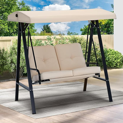 AECOJOY Outdoor Patio Swing Chair for Adults, 2-Seat Porch Swings with Adjustable Canopy, Outside Swing Bench with Removable Cushion, Suitable for Backyard, Garden, Yard, Poolside, Balcony (Beige)
