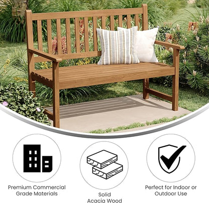 EMMA + OLIVER Ashford Patio Bench for Indoor/Outdoor Use, Acacia Wood Slatted Loveseat for 2, Perfect for Sunroom, Garden, Backyard or Porch, Brown