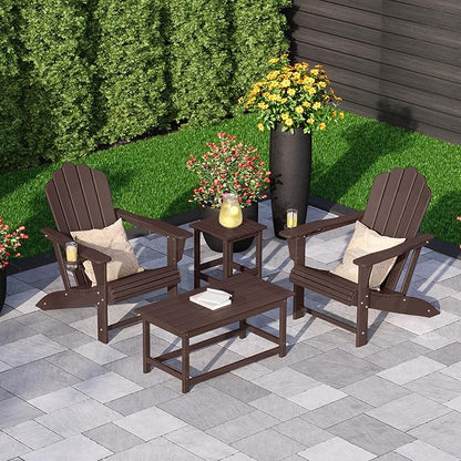 Costaelm 4-Piece Set Outdoor/Patio Poly Adirondack Chairs with a Coffee and a Side Table (2 Seater), Dark Brown