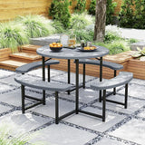 Giantex Picnic Table Bench Set for 4-8 Person, Round 37” Outdoor Dining Table w/Umbrella Hole, HDPE Tabletop - Photo 2