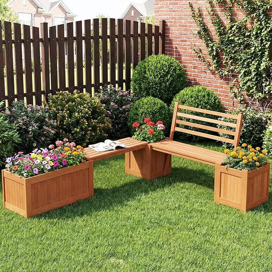 Outdoor Planter Bench with Boxes, Wood Seat with 3 Open-Ended Base Garden Beds & Backrest, 2-in-1 Wood Planter Bench Deck Plant Box for Porch, Patio, Garden & Backyard