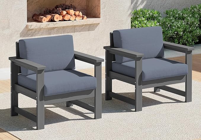 SERWALL 2 Pieces Single Cushioned Sofa Armchair, Grey HDPE Adirondack Outdoor Sofa Lounge with Grey Cushion