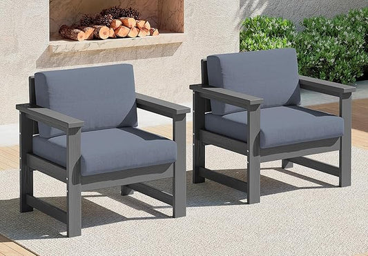 SERWALL 2 Pieces Single Cushioned Sofa Armchair, Grey HDPE Adirondack Outdoor Sofa Lounge with Grey Cushion