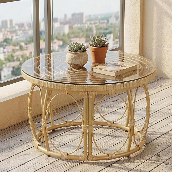 Rattan Glass Coffee Table 27" Round Patio Side Table, 16" Height Wicker Outdoor Coffee Table with Tempered Glass Top - Photo 1