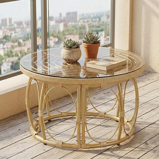 Rattan Glass Coffee Table 27" Round Patio Side Table, 16" Height Wicker Outdoor Coffee Table with Tempered Glass Top, Small Round Table for Balcony, Living Room, or Garden, Natural