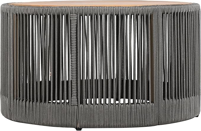 26" Outdoor Rustic Coffee Table,Rattan Rope & Acacia Wood Center Table with Round Top & Iron Frame, Easy Assembly, Versatile Weather-Resistant Patio Furniture for Garden, Yard, Balcony, Gray Teak
