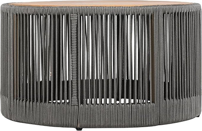26" Outdoor Rustic Coffee Table,Rattan Rope & Acacia Wood Center Table with Round Top & Iron Frame, Easy Assembly, Versatile Weather-Resistant Patio Furniture for Garden, Yard, Balcony, Gray Teak