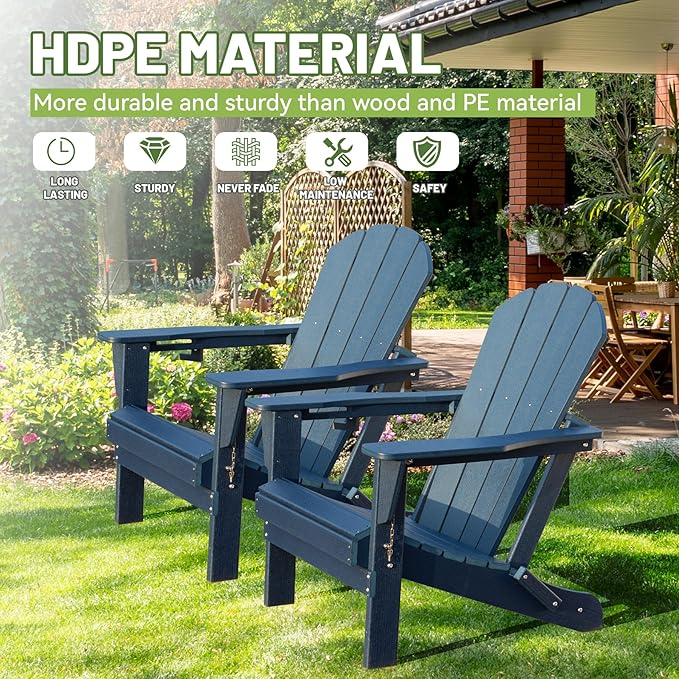 Adirondack Chairs Set of 2, Plastic Adirondack Chair, Adirondack Chairs, HDPE Adirondack Chair, Folding Adirondack Chairs, Outdoor Chairs with Cup Holder for Lawn Patio Deck Fire Pit -Dark Blue