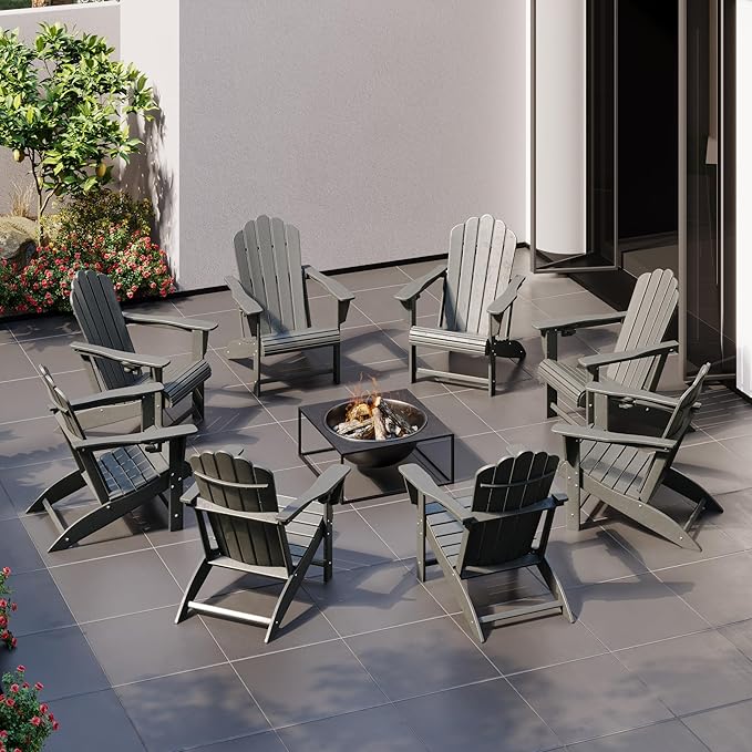 Costaelm Lakeview Outdoor Patio HDPE Adirondack Chairs with Cup Holders (Set of 8), Gray
