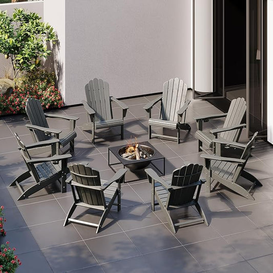 Costaelm Lakeview Outdoor Patio HDPE Adirondack Chairs with Cup Holders (Set of 8), Gray