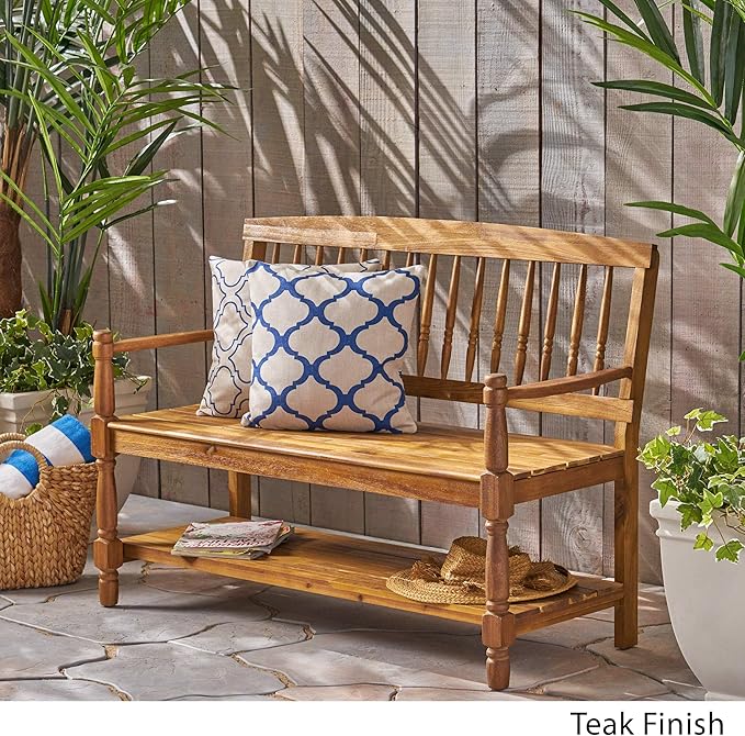 Great Deal Furniture Christopher Knight Home Cody Outdoor Acacia Wood Bench with Shelf, Teak Finish