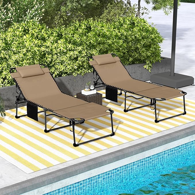Outsunny 2 Piece Folding Chaise Lounge with 5-Level Reclining Back, Tanning Chair with Face Hole, Outdoor Lounge Chair with Side Pocket & Headrest for Beach, Yard, Patio, Beige