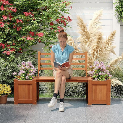 Outdoor Planter Box with Bench, Teak Oil Finish Wood Seat with 2 Open-Ended Base Garden Beds & Backrest, Decorative Plant Container for Yard, Balcony & Porch