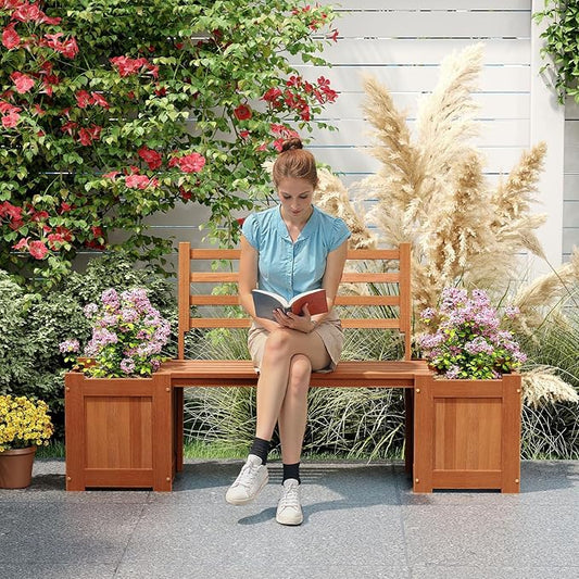 Outdoor Planter Box with Bench, Teak Oil Finish Wood Seat with 2 Open-Ended Base Garden Beds & Backrest, Decorative Plant Container for Yard, Balcony & Porch